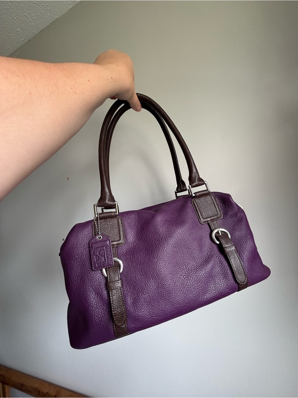 SOPRANO small duffle style shoulder bag purple brown with plaid interior